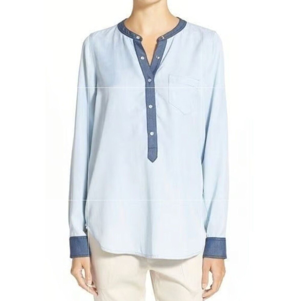 Vince Long Sleeve Chambray Snap Henley Shirt Contrast Denim Trim Medium (K07)